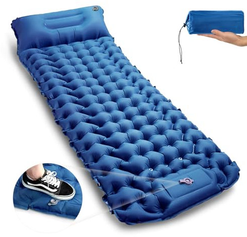 CALIYO Isomatte Camping – Verdickte Luftmatratze mit FußpressPumpe, Ultraleicht & Wasserdicht | Integriertes Kopfkissen, Kleines Packmaß für Outdoor, Wandern, Zelte & Reisen