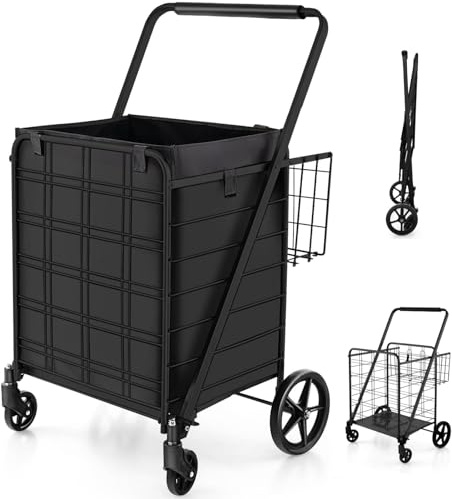 TANGZON Folding Shopping Cart on Wheels, 126L/150KG Capacity Metal Grocery Cart with Extra Basket, Removable Liner & Dense Mesh Base, Jumbo Portable Utility Push/Pull Trolley for Market (Black)
