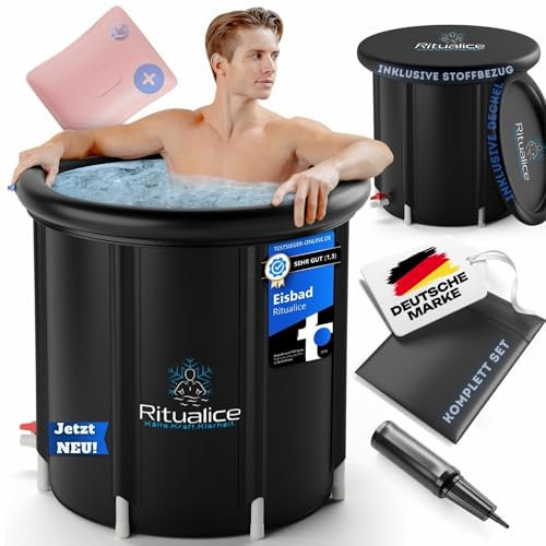 Ritualice® Premium Eisbad XL (80 cm Ø) TESTSIEGER - Eistonne Set mit Deckel und Stoffbezug - Eisbaden ideal für Kryotherapie und Regeneration - Eisfass mit 5-Facher Isolierung