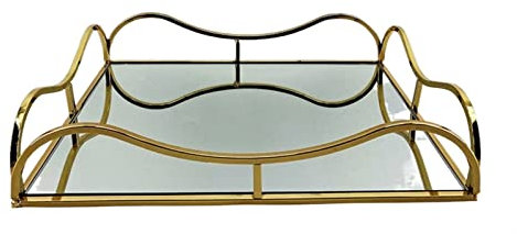 LXYDPZ Frühstückstabletts, rechteckig, aus goldenem Metall, für Kerzen, Spiegel, Glastablett, Serviertablett, Kommode, Frisiertisch, Parfüm, Schmuck, Make-up, dekoratives Schminktablett, Orgel