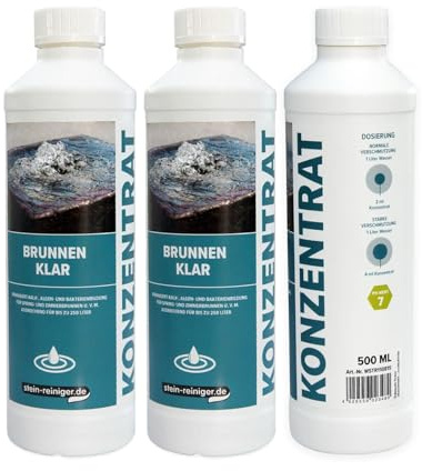 Stein-Reiniger Brunnen Klar Konzentrat | 3X 500ml | Gegen Algen & Kalk | Pflegemittel für Zierbrunnen, Springbrunnen & Zimmerbrunnen | Schützt Pumpen | Ergiebig bis 750L | Innen- & Außenbereich