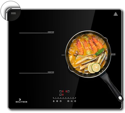 DELITEER Placa induccion 3 fuegos 60cm, 6800W, Sin enchufe, Estructura metálica, 9 niveles de potencia, Bloqueo de seguridad para niños, Temporizador de 1 a 99 minutos