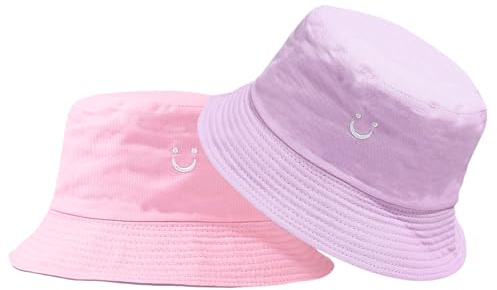 Cappello da sole reversibile per bambini e bambine con faccina sorridente, cappello da pescatore a tesa larga per 2-8 anni