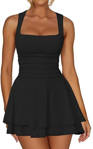Kaximil Women's Square Neck Ruffle Hem Mini Dress Ruched Waist Short Party Dresses, X-Large, Black