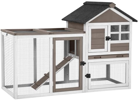 Aivituvin 51.6''L Rabbit Hutch Outdoor Chicken Coop Indoor Bunny Cage with Run,Guinea Pig House Pull Out Upper Tray (Brown)