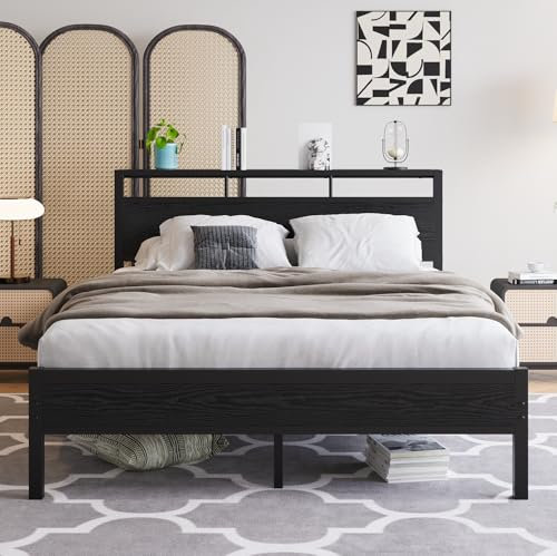 VECOCHO King Size Bed Frame with Wooden Storage Headboard, 5ft Metal Platform Bed Frame King Bed Base,Mattress Foundation No Box Spring Needed,Reinforced Steel Slat,Black Bed 150x200 cm