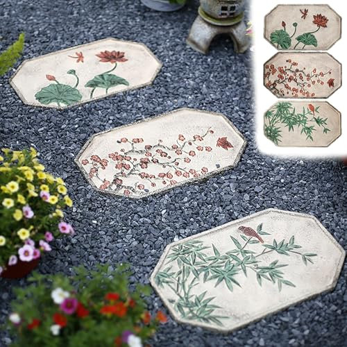 MEYINGOU Dekorativer Stein für den Garten, Wegfliesen, Achteckiger Garten-Trittstein, 3er-Set, Pflanzenelement-Design, rutschfeste Pflastersteine ​​für Veranda, Hof, Rasen, robuster Pflasterstein