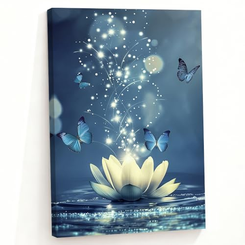 ZQQART Zen Wandbild für Badezimmer Lotusblume blüht im Wasser Leinwandgemälde Kunst weiße Seerose Bild Spa Meditation Drucke Kunst gerahmt(Blau,30x45cm)