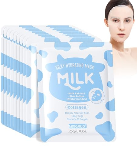 MINGRUO 10Pcs Maschera Viso Idratante, Sheet Face Mask, Maschere per il Viso idratante e lenitiva, Maschera Idratante Viso Nutriente, Cofanetto Skincare Viso Donna Per la Cura della Pelle (Latte)