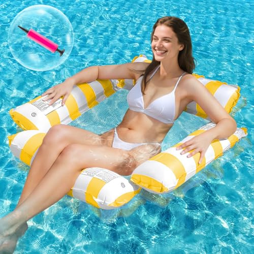 DOUUCO 4 in 1 Wasserhängematte Luftmatratze für Pool, Mit Netz & Infloator Pumpe, Strapazierfähig für Erwachsene, Gelb