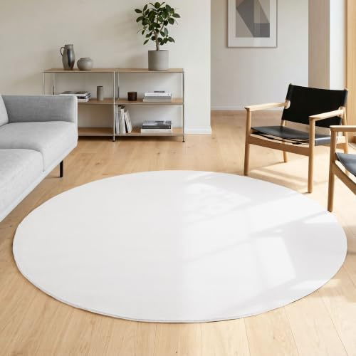 HomebyHome Runder Teppich Weiss 160 cm Waschbarer Kurzflor Teppich, rund, rutschfest & weich, modernes einfarbiges Design für Wohnzimmer, Schlafzimmer, Küche & Kinderzimmer.