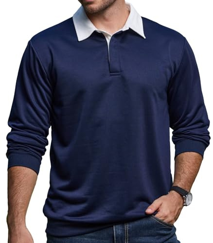 Remxi Mens Long Sleeve Polo Shirt Casual Button Down Sweatshirts for Men Classic Rugby Shirts with Contrast Collar