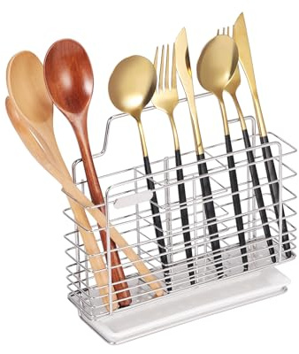 keilend Stainless Steel Cutlery Drainer Kitchen Utensils Holder with 3 Compartments, 8.3 x 2 x 7.3 Inches Cutlery Drying Rack with Removable Tray for Forks, Knives, and Spoons - Silver