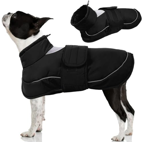 Kuoser Hundemantel Hundejacke, Wasserdicht Warmer Wintermantel für Hunde, Mit Reflektierendem Streifen, Leinenöffnung & Verstellbarem Kordelzug, Schwarz S