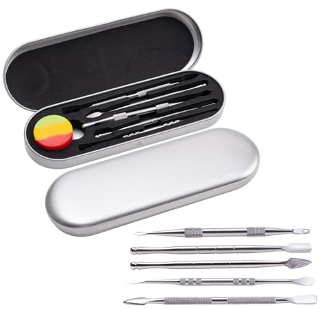 OYWOBET 6 Pcs Silver Metal Sculpting Tools Set with 5ml Silicone Container and Portable Metal Case, Double-Ended Stainless Steel Wax Carving Tool for Wood, Wax, Clay, Pottery