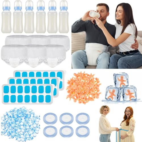 AceOrbit 121 Pcs Bottle Chug Baby Shower Game 4 Game for 6 Sets My Water Broke How Big Is Mommys Belly Funny Chug Diaper Gift for Gender Reveal Bridal Party Supplies