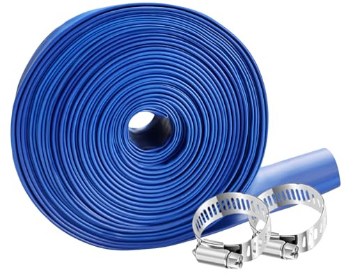PoolyPoly Flachschlauch 15m / Ø38mm, Poolschlauch mit 2 Metallanschlüssen, Hochwertiger Flexibler Gartenschläuche für Schwimmbad, Teich, Garten, Blau