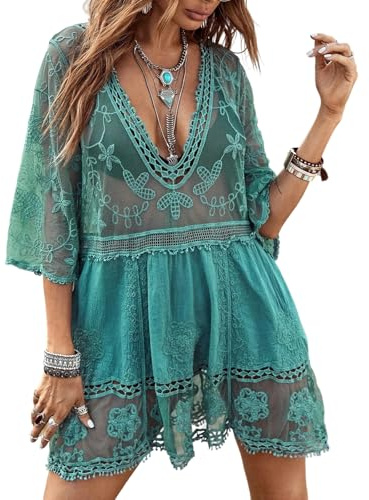 EOAMGO Kimono da Spiaggia da Donna in Pizzo Copertura – Bikini Abito da Spiaggia con Pizzo – Poncho Estivo da Spiaggia Tunica, Bikini Leggero Coperta per Spiaggia e Vacanze, Taglia Unica (Verde)