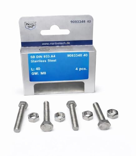 Lot de 4 vis hexagonales avec écrous M8 x 40 mm DIN 933/934 A4 SW13 - En acier inoxydable V4A AISI316 - Résistant aux acides et à l'eau de mer