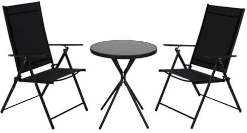DEGAMO Bistroset Milano 3-teilig, 2X Klappsessel Gestell Metall anthrazit + Kunstgewebe schwarz, Tisch 60cm rund Glas Outdoor, Moderne Optik