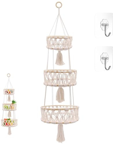 MDPUTY 3 Stöckig Obstkorb Etagere Hängend, Hängekorb Obst Weiß Baumwollseil Hängender Obstkorb Küche Makramee Hängekorb Obst für Wohnzimmer Badezimmer Schlafzimmer (110cm)