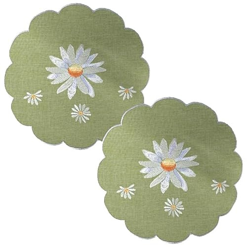 Tischdecke Mitteldecke Tischläufer Tischset Frühling Sommer Mint grün Stickerei weiße Margeriten Leinenoptik pflegeleicht Verschiedene Größen runde Deckchen (2er Set rund 30 cm)