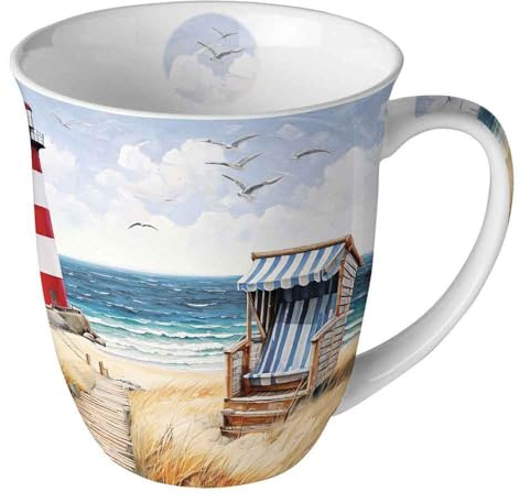 Ambiente Porzellan Tasse Beach Walk, Bone China Becher mit Strandkorb und Leuchtturm Motiv, 400ml, 10 cm Durchmesser Beach Walk