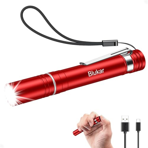 Blukar Torcia LED Mini Ricaricabile, Torcia Penna Tascabile con Clip | 4 Modalità,Funzione di Memoria,Zoomabile,Lunga Durata,Portatile Impermeabile EDC per Campeggio,Emergenza-Rosso