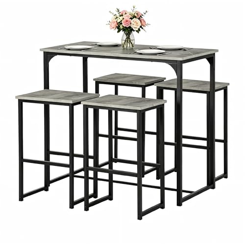 Songvas Esstisch mit 4 Stühlen, Esszimmergruppe mit Tisch 100 x 50 x 90 cm, Stühlen 40 x 30 x 65 cm, Industrial Rechteckig Küchentisch-Set für Wohnzimmer, Mattschwarz + Betonmaserung