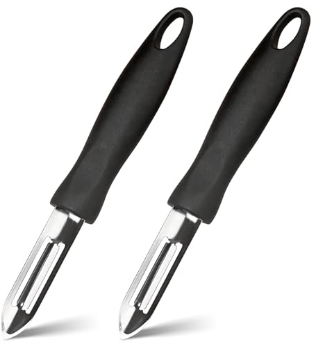 FIGCY Sparschäler 2er Pack, Kartoffelschäler mit rutschfestem schwarzem Griff, Obstschäler aus Edelstahl mit integriertem Ausstecher