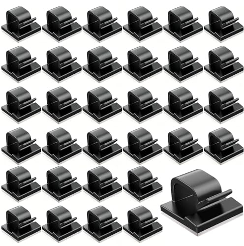 Lethra 32PCS Self Adhesive Cable Holder Clips, Strong Sticky Wire Cable Management Tidy Clips for Home Office Desk Wall Workshop PC TV Car Outdoor Decorations Fairy Light Keep Cables Neat Black