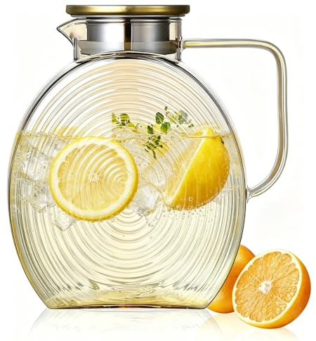 Wasserkaraffe aus Borosilikatglas 2,2 L/74 oz, Glaskaraffe mit Auslaufsicherem Deckel und Fruchteinsatz, Sicher für Kühlschranktür, Perfekt für Hausgemachte Getränke Saft Eistee Kaffee Wein