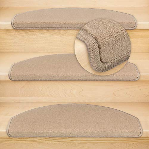 Metzker Stufenmatten Uni Hellbraun 10 Stück Halbrund | Velourteppich von DAS TEPPICHWERK - Trittfläche ca. 65x24cm incl. Klebeband