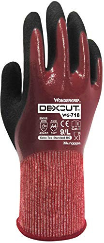 Wonder Grip WG-718 Dexcut - Arbeitshandschuhe, dreifache Nitril Beschichtung, schnittfest, wasserdicht und absolut undurchlässig für Öle und Flüssigkeiten, Gr. L 9 Wg718 Dexcut Wine Red