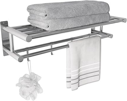 Eridanus Porta Asciugamani Bagno, Portasciugamani da Parete con Mensole Doppia in Accaio Inox SUS304, Mensola Portasciugamani con Ganci, Lucido, Scaffale Barre, Stile Hotel - 60 x 22,5 x 16 cm