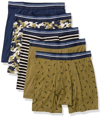 Amazon Essentials Culotte Boxer en Coton Respirant, sans Étiquette Homme, Lot de 5, Bleu Foncé/Camouflage/Guerrier/Noir Blanc Rayures/Vert Uniforme, M