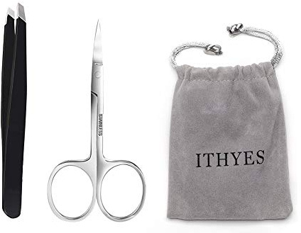 Ithyes Juego completo de 2 pinzas de punta inclinada de acero inoxidable para cejas, tijeras de corte de cejas para forma de precisión, pelo encarnado, nariz, cabello, color negro