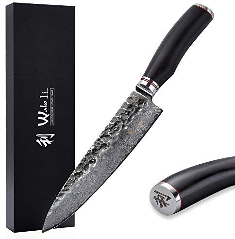 Wakoli EBO Premium Chefmesser 20 cm – 67 Lagen Damaststahl mit VG10-Kern, Hammerschlag-Optik, schwarzer Eichenholzgriff, Profi Küchenmesser in Geschenkbox