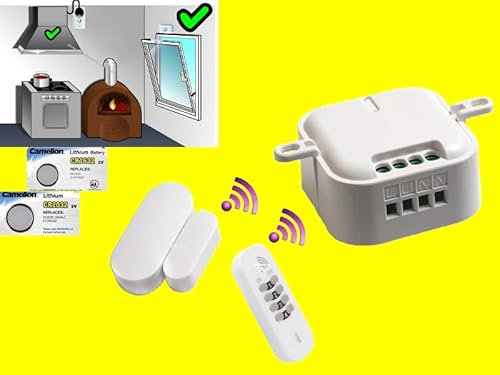Funk-Abluftsteuerung EINBAU-SET für Dunstabzugshaube,Klimaanlage bei Betrieb von Ofen,Kamin,Therme | Intertechno Power-Empfänger 2000W +Mini-Fensterkontakt-Sensor +Mini-Handsender IP55+Ersatzbatterie