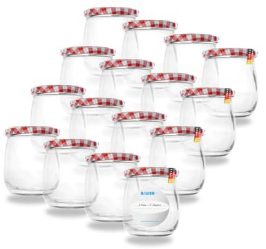 Flaschenbauer - 16x Einmachgläser 417ml - Konservengläser mit TO82 Twist-Off Deckel, inkl. Etiketten - Marmeladengläser, mit Schraubdeckel, Schraubgläser, Joghurtgläser (Rot/Weiß) - Made in Germany