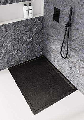 ECOLAM® Duschwanne Duschtasse flach Omega Black Rechteck 90x100 x 5 cm / 1,8 cm Tiefe flach Stein Effekt schwarz + Siphon