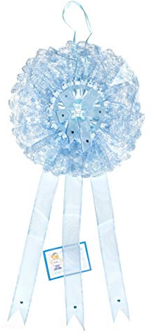 BM Ricami - Schleife zur Geburt für Jungen, hellblau aus Spitze, Organza und Strass; Größe XL 27 x 60 cm (Hellblau)