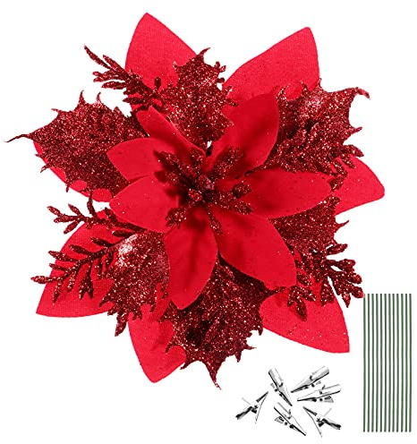 Tomaibaby 12Pcs Weihnachten Glitter Künstliche Weihnachtsstern Blumen mit 12Pcs Vorbauten Und Clips Weihnachten Baum Dekorationen Blumen Ornamente Party Dekoration für Weihnachten Neue Jahr