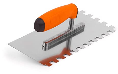 Mivos Zahnglättekelle 12x12 mm - Edelstahl Gezahnt Glättekelle 270 x 130 mm - Zahnkelle mit Softgriff - Rostfreie Glättekelle mit Zahnung 12mm - Traufel - Made in EU