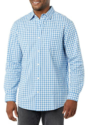Amazon Essentials Herren Langärmeliges Business Hemd aus Popeline Normale Passform, Hellblau Weiß Vichy-Muster, XL