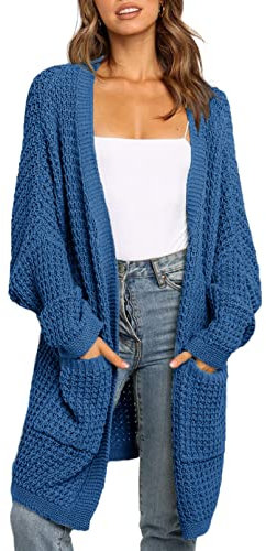 Maavoki Cardigan lungo da donna, oversize, a maniche lunghe, casual, con tasca, Blu scuro, XL