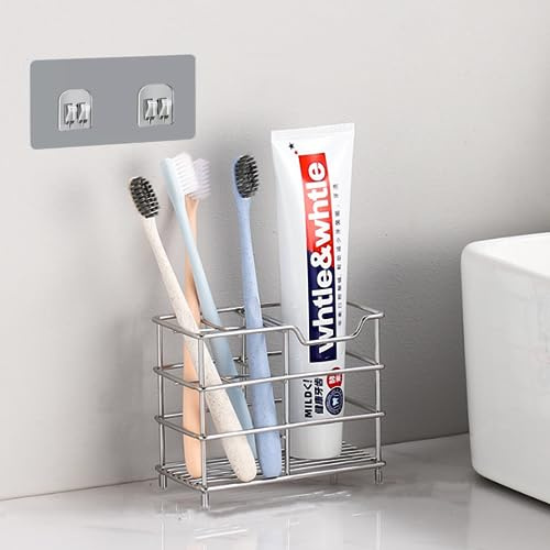 Binwat Portaspazzolino da parete in acciaio inox, supporto per dentifricio, ventilato, a prova di muffa, porta spazzolini da denti, supporto da parete (argento, manuale)