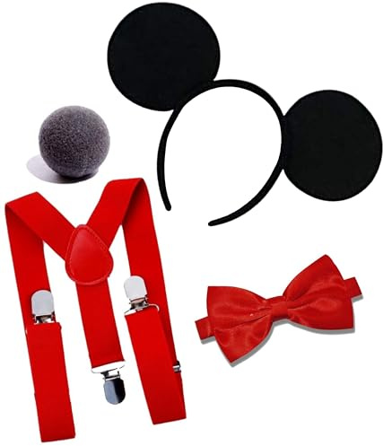 Mega_Jumble Adult Mickey Mouse 4 Piece Set - Blackmouse Ear Headband, Nose, Red Braces and Bow Tie | Men's Nightout, Fun Run, Theme Party Cosplay Fancy Dress Costume Kit