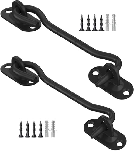 2 Pcs 100mm Cabin Hook and Eye Latch Black, Stainless Steel, Heavy Duty, Gate Hook Latch Lock for Garage,Door, Shed, Window (4Inch)