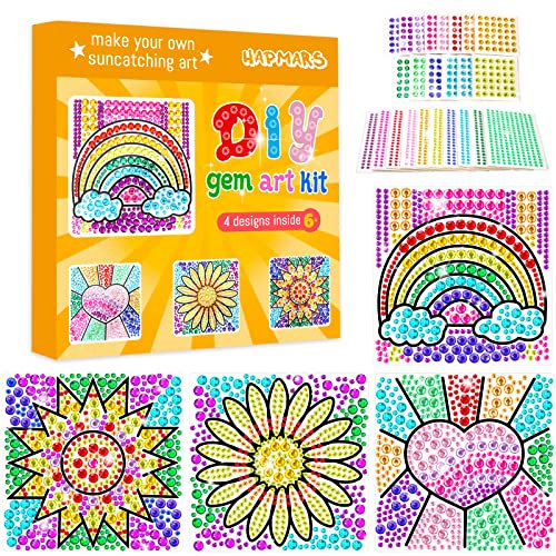 HAPMARS Suncatcher Craft Kits Gem Art Craft Set Diamond Children's Crafts,4 Designs Window Gem Art Sets for Girls Boys Ages 6 7 8 9-12,DIY Diamond Window Mosaic Kits Toys Gifts for Birthday Christmas